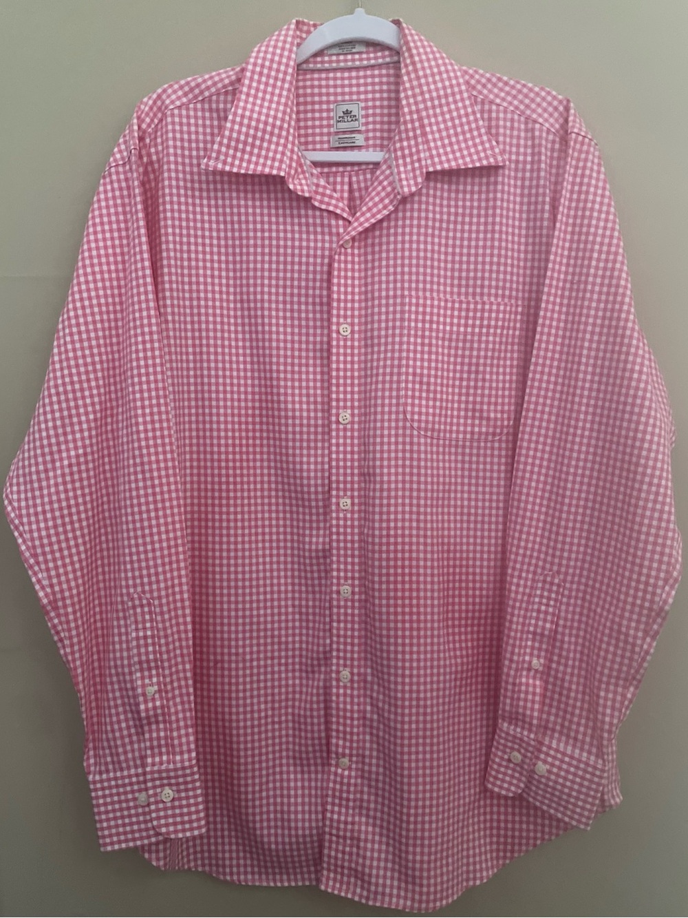 Peter Millar Nanoluxe Easy Care Pink White Gingham Check Cotton Sport Shirt   L
